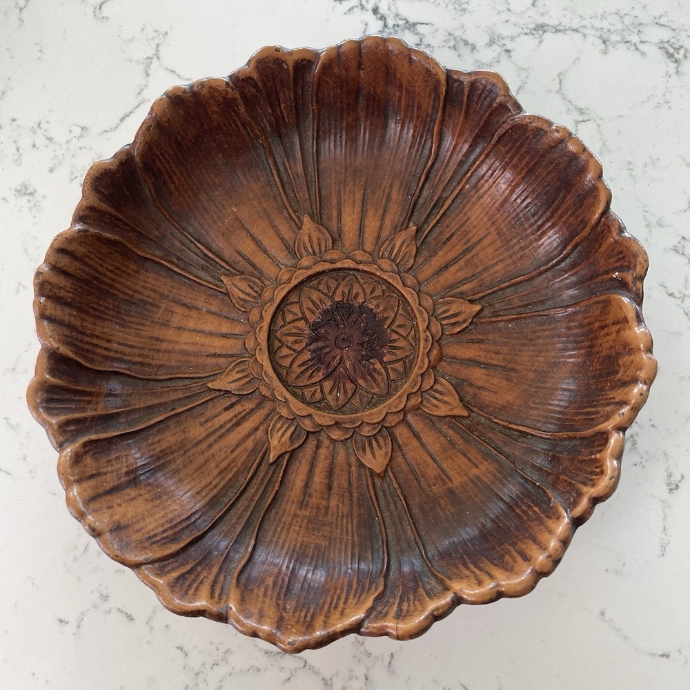 Vtg Flower Bowl Floral Dish 8.25" Daisy Retro Bohemian Boho Cottage Resin Wood